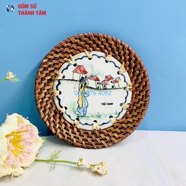 Đĩa sứ viền mây tre đan tròn kê cốc
