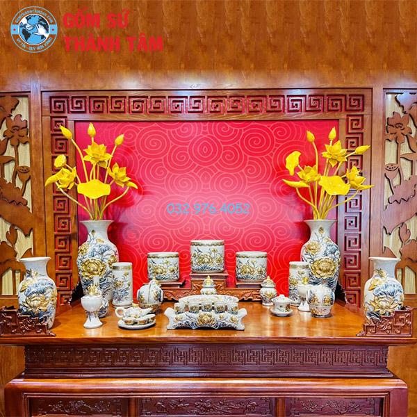 Đồ thờ men rạn tổng thể sen bát hương không đỉnh hạc