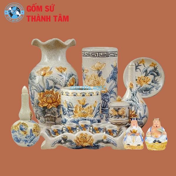Đồ thờ men rạn tổng thể sen thần tài