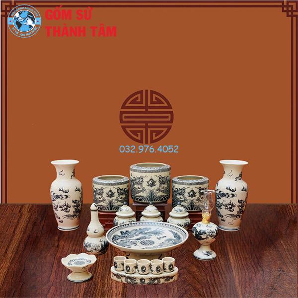 Đồ thờ men rạn tràm cổ tổng thể rồng bát hương không đỉnh hạc
