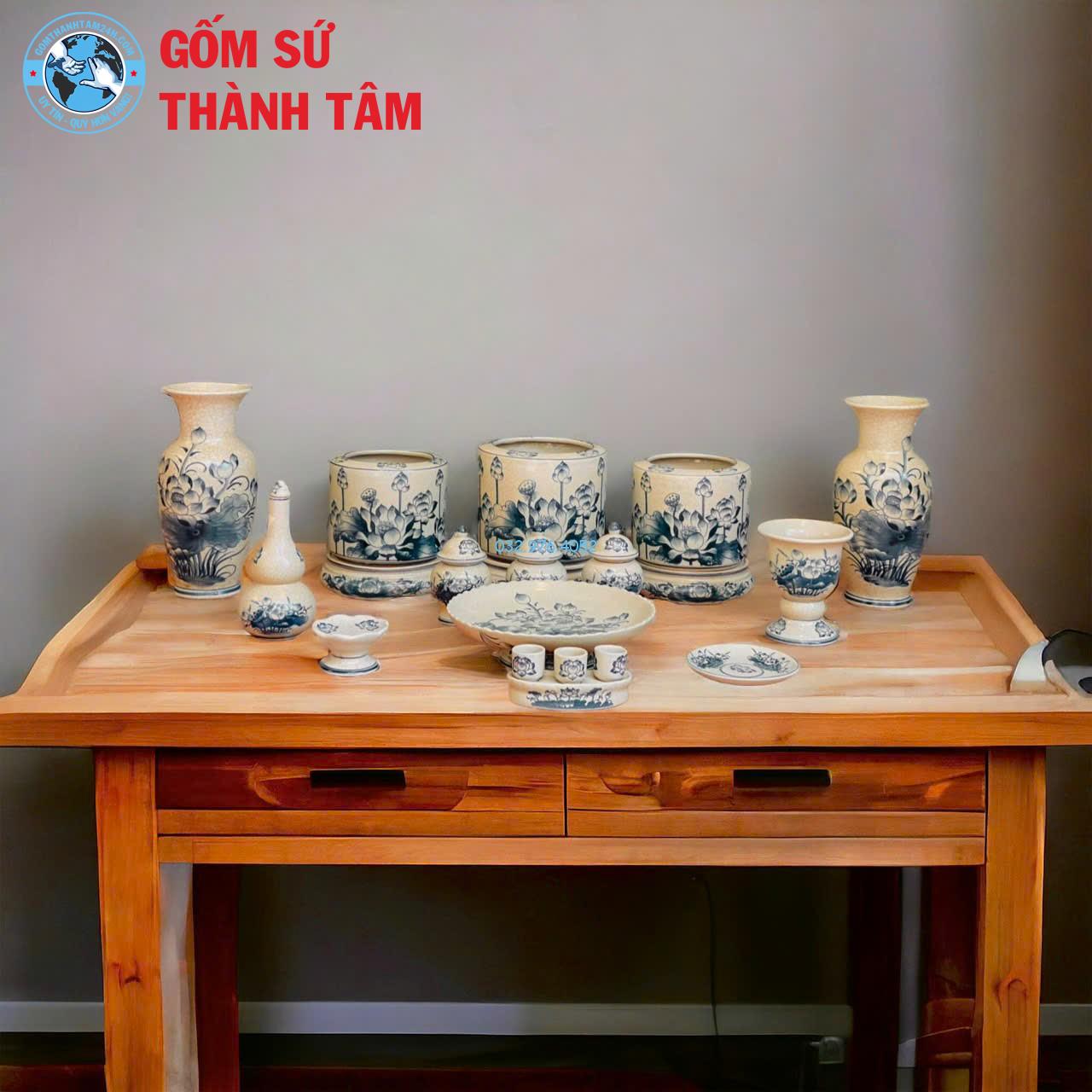 Đồ thờ men rạn tràm cổ tổng thể sen bát hương không đỉnh hạc