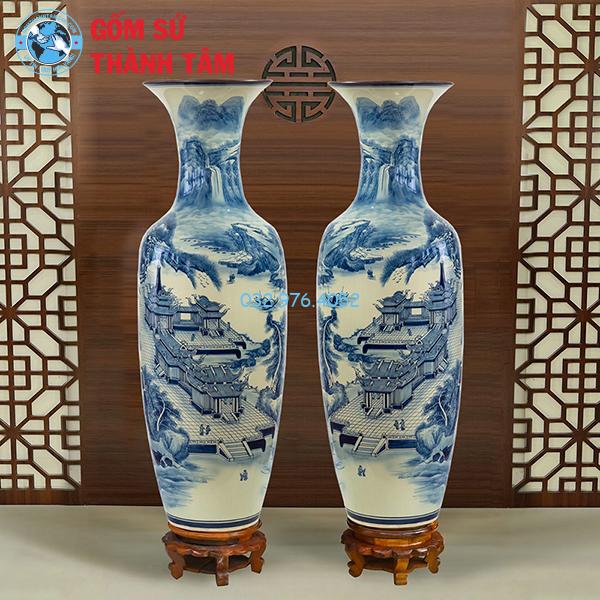 Lọ lục bình trơn vẽ xanh tùng chùa