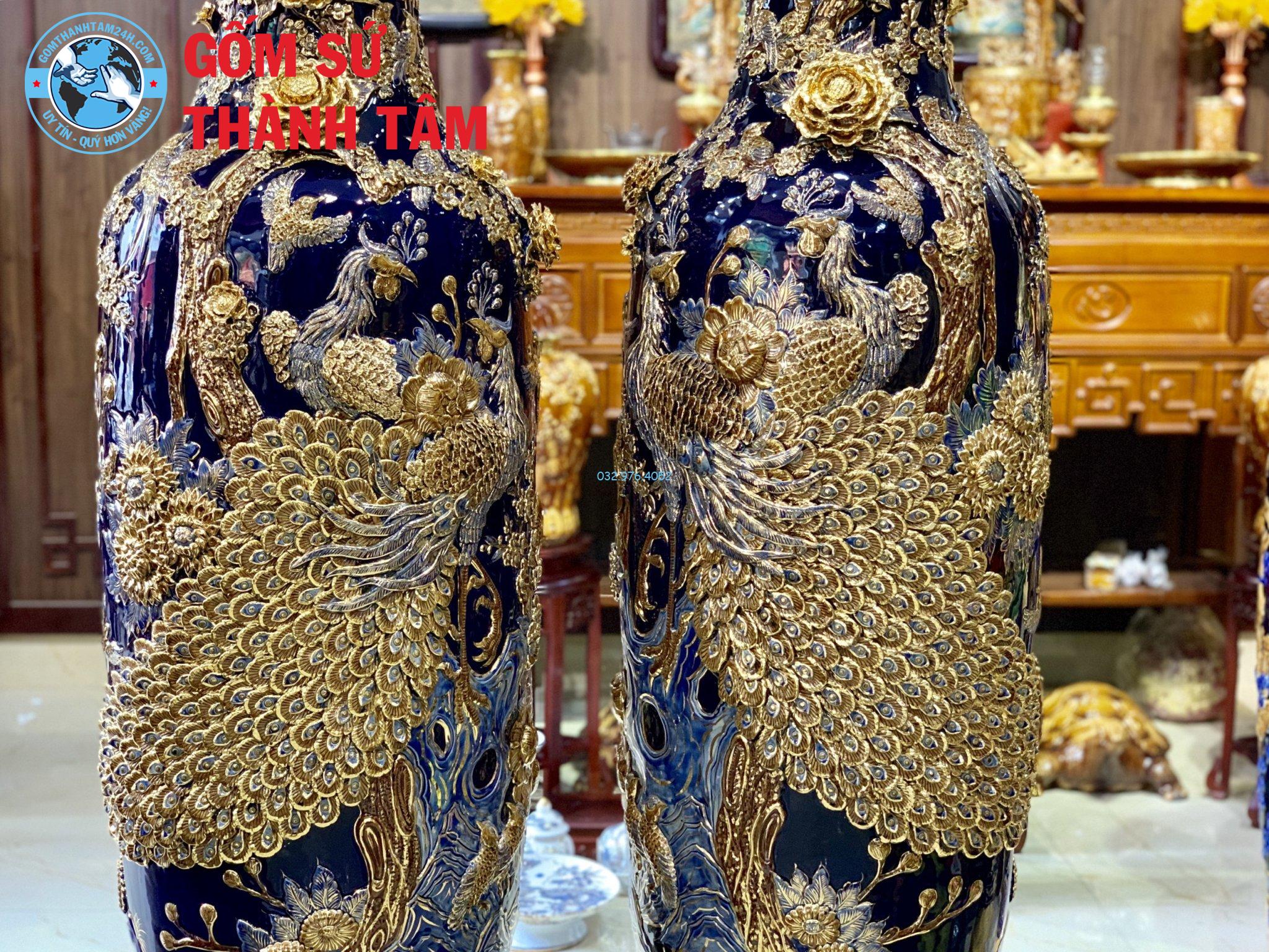 Lục Bình Mạ Vàng Xanh Dương Chim Công Phú Qúy