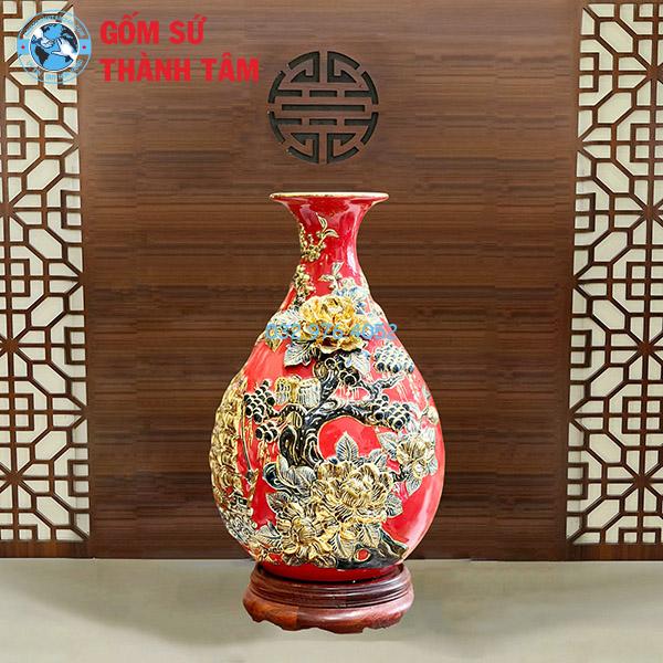 Lục Bình Tỳ Bà Đắp Nổi Men Đỏ Vẽ 24K Cao Cấp