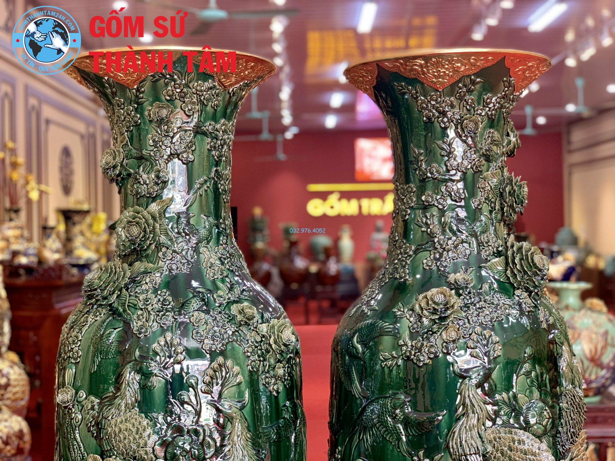 Lục Bình Xanh Ngọc Bọc Đồng Chim Công Phú Qúy