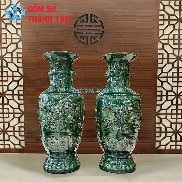 Lục Bình Xanh Ngọc Cỡ Trung Rồng Chầu Mặt Nguyệt