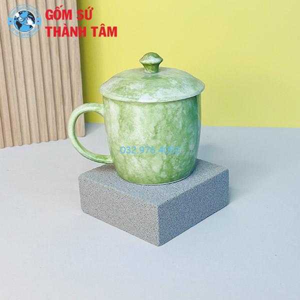 Ly Sứ Có Nắp Đậy Men Đá 300ML