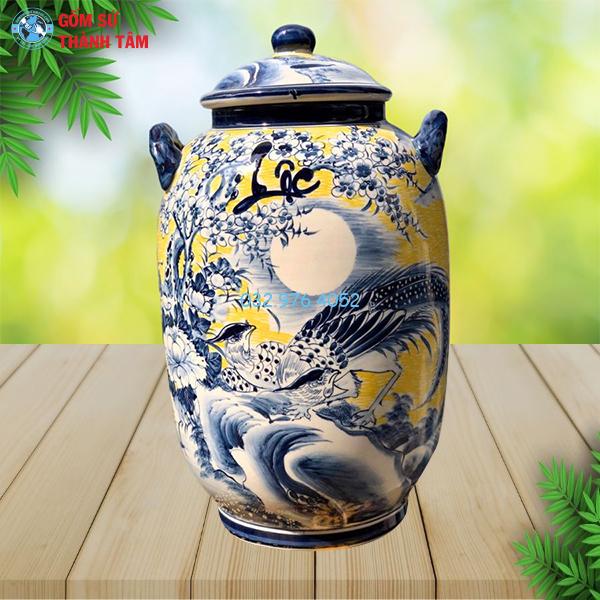 Vò Rượu Gốm Sứ Vẽ Hoa Văn – Họa Tiết Chim Công & Mặt Trăng